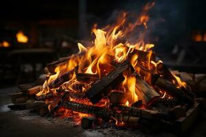 gemütlich Feuer schwarz Hintergrund Thema ai generiert foto