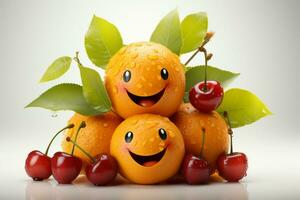 gesund Obst Schaffung Kirschen und Orange Smiley Gesicht, isoliert auf Weiß ai generiert foto