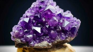 Amethyst ist ein Selten kostbar natürlich geologisch Stein auf ein Gradient Hintergrund im ein niedrig Taste, isolieren. ai generiert. foto