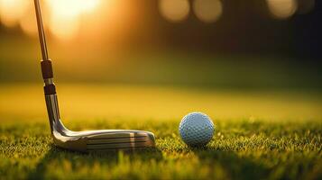 Golf Ball und Golf Verein im Tasche auf Grün Gras beim Sonnenuntergang. Golfspieler. generativ ai foto