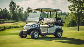 ein Golf Auto, Golf Wagen oder Auto auf Golf Kurs. Ausrüstung und Tasche sind stellen im bereit zum Golfspieler zu Spieler im Feld. generativ ai foto