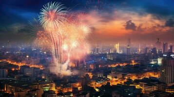 glücklich Neu Jahr im das Hauptstadt Dort sind Feuerwerk im das Himmel beim Nacht. generieren ai foto