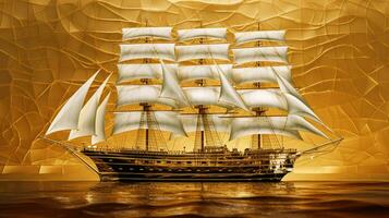 golden Barke Schiff mit Platz Segel auf Luxus abstrakt Welle Kunst Hintergrund im Gold Linie Kunst Stil. generativ ai foto