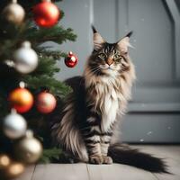 groß Maine Waschbär Katze in der Nähe von zu das Weihnachten Baum foto