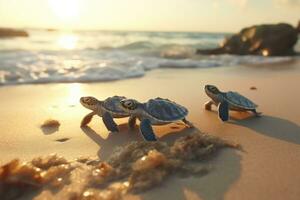 Amphibie. viele Baby Schildkröten auf das sandig Strand und kriechen zu das Ozean. Meer Kreaturen. generativ ai foto