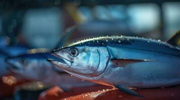 Thunfisch Fisch auf Eis im das Markt. Thunfisch. generativ ai foto