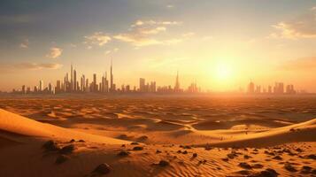 Wüste im Dubai Stadt Hintergrund vereinigt arabisch Emirate schön Himmel im das Morgen Sonnenaufgang. generativ ai foto