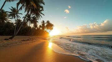 schön Strand mit Kokosnüsse Bäume beim Sonnenuntergang. generativ ai foto