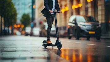 ein Geschäftsmann Reiten E-Scooter auf das Straße im das Stadt. generativ ai foto