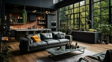 modern Innere Design, Küche und hell, geräumig Zimmer mit ein komfortabel Sofa, Pflanzen und elegant Zubehör, schwarz Wände, Parkett Boden. generativ ai foto