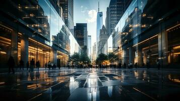 reflektierend Wolkenkratzer, Geschäft Büro Gebäude. niedrig Winkel Aussicht von Wolkenkratzer im Stadt, sonnig Tag. Geschäft Hintergrund mit modern Hochhäuser mit gespiegelt Fenster. generativ ai foto