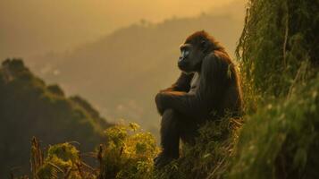 Gorilla Sitzung auf ein hoch Cliff in der Nähe von Sonnenuntergang. generativ ai foto