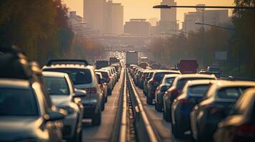 der Verkehr Marmelade mit Reihe von Autos auf Autobahn, während eilen Stunde. generativ ai foto