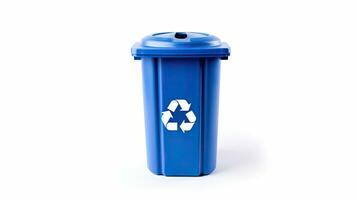 ein Blau recyceln Behälter mit recyceln Symbol isoliert auf Weiß Hintergrund. generativ ai foto