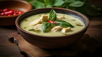 thailändisch Essen, Grün Curry Hähnchen mit Kokosnuss Curry auf das hölzern Fußboden Hintergrund. generativ ai foto