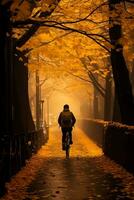 wie das golden Blätter fallen ein einsam Radfahrer navigiert das neblig Straßen Erfassen das melancholisch locken von spät Herbst foto