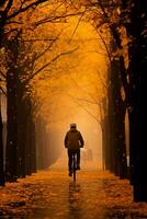 wie das golden Blätter fallen ein einsam Radfahrer navigiert das neblig Straßen Erfassen das melancholisch locken von spät Herbst foto