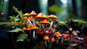 ein Gruppe von wild Pilze ein Schatz Fundgrube im das Wald fesselnd mit ihr beschwingt Farben und einzigartig Formen foto