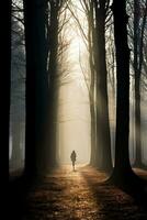 ein heiter Silhouette von nackt Bäume Gießen lange Schatten auf ein neblig Morgen im November foto