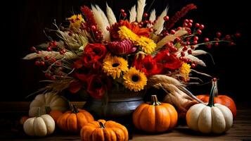 ein rustikal Kürbis Anordnung präsentieren das beschwingt Farben und reichlich Ernte von ein ländlich Herbst Festival foto