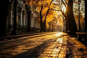 das Sonne Abgüsse lange Schatten auf ein verlassen Straße Erfassen das ruhig und Melancholie von spät Herbst foto