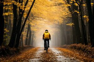 wie das golden Blätter fallen ein einsam Radfahrer navigiert das neblig Straßen Erfassen das melancholisch locken von spät Herbst foto