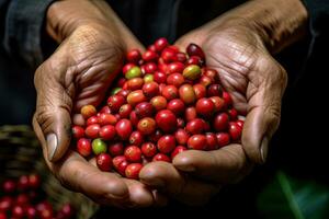 Landwirtschaft pflücken Kaffee Beeren, Landwirte Hand pflücken Arabica Kaffee Beeren oder Robusta Beeren durch das Hände. Vietnam. generativ ai foto