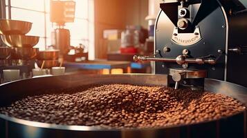 Kaffee Bräter, aromatisch Kaffee Bohnen positionieren im modern Ausrüstung mit Korn Kühler. Kaffee Bohne Bräter Maschine. Industrie Konzept. generativ ai foto