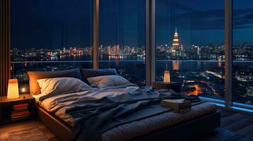 ein Zimmer mit ein Aussicht von das Stadt von das Bett, Penthouse Schlafzimmer beim Nacht. generativ ai foto