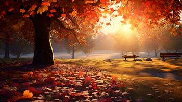 Herbst Landschaft. Park im das Morgen Nebel mit Bäume und Bank foto