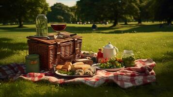 Picknick im das Park auf ein sonnig Tag. Picknick Korb mit Essen und Wein foto