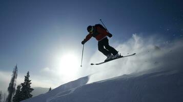 Skifahrer im springen, Hintergrund von schneebedeckt Berg sinkt ab im Strahlen von das Sonne. ai generiert. foto