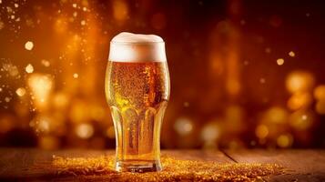 Bier. kalt Kunst Licht Bier im ein Glas. Glas von Licht Bier mit Schaum auf ein golden Hintergrund. ai generiert foto