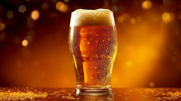 Glas von Licht Bier mit Schaum auf ein golden Hintergrund. Bier im Bar und kostenlos Raum zum Ihre Text. Glas von Licht Bier mit Schaum auf ein golden Hintergrund. ai generiert foto