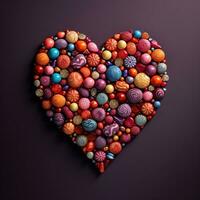 Symbol von Liebe. das perfekt Herz von Süßigkeiten auf ein lila Hintergrund schließen hoch. ai generiert foto