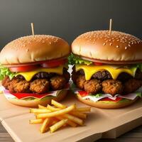 Burger und Fritten, 2 Käse Burger mit Fritten, ai Burger generativ ai foto