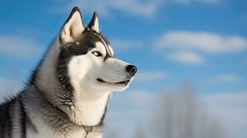 sibirisch heiser Hund draußen im ein schneebedeckt Klima, ai generiert foto