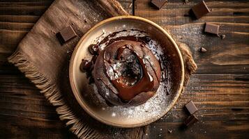 Schokolade Lava Kuchen auf ein rustikal hölzern Hintergrund, generativ ai foto
