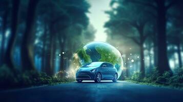 ein elektrisch Auto Energie zum Umfeld, ev Auto auf Wald Straße mit Erde Planet gehen durch Wald elektrisch Auto mit Natur. Automobil Innovation und Technologie Konzepte. generativ ai foto