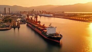 Antenne Aussicht von Raffinerie Industrie Ladung Schiff im importieren Export, Flüssiggas, Öl Raffinerie, Logistik und Transport mit Arbeiten Kran Brücke im Hafen. generativ ai foto