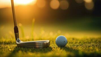 Golf Ball und Golf Verein im Tasche auf Grün Gras beim Sonnenuntergang. Golfspieler. generativ ai foto