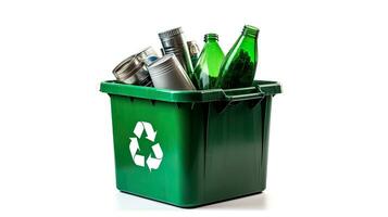 ein Grün Recycling Behälter voll von recycelbar Artikel isoliert auf ein Weiß Hintergrund. generativ ai foto