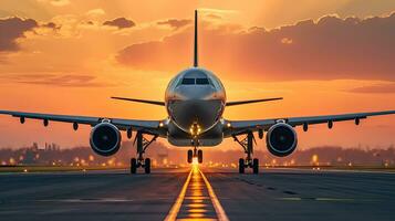 ein groß Jetliner nehmen aus von Flughafen Runway beim Sonnenuntergang oder Dämmerung mit das Landung Ausrüstung Nieder und das Landung Ausrüstung runter, wie das Flugzeug ist Über zu nehmen aus. generativ ai. foto