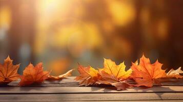 Herbst Ahorn Blätter auf hölzern Tabelle zum fallen verschwommen Hintergrund. generativ ai foto