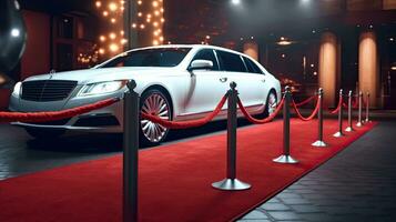 Luxus Weiß Limousine Auto mit geschlossen Tür in der Nähe von leeren rot Teppich mit Seil Barriere gegen Nacht Stadtbild Hintergrund. Berühmtheit Ankunft beim vip Party oder Verleihung Zeremonie. generativ ai foto