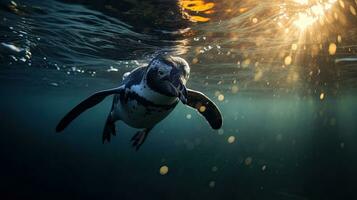 ein Pinguin Schwimmen Marine Leben unter Wasser Ozean, Pinguin auf Oberfläche und tauchen tauchen Wasser. generativ ai foto