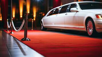 Luxus Weiß Limousine Auto mit geschlossen Tür in der Nähe von leeren rot Teppich mit Seil Barriere gegen Nacht Stadtbild Hintergrund. Berühmtheit Ankunft beim vip Party oder Verleihung Zeremonie. generativ ai foto