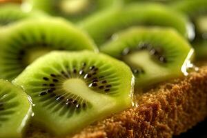 Kiwi Toast, Makro Schuss von ein frisch Frühstück mit tropft Honig, ai generiert foto