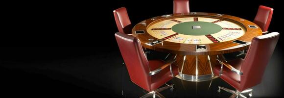 Poker Tabellen zum Glücksspiel, Grün Tisch, Kasino Chips. Spaß Urlaub beim das Erholungsort. ai generiert. foto