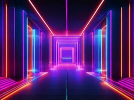 3d machen, abstrakt Neon- Licht Hintergrund mit Fußboden Betrachtung, ai generieren foto